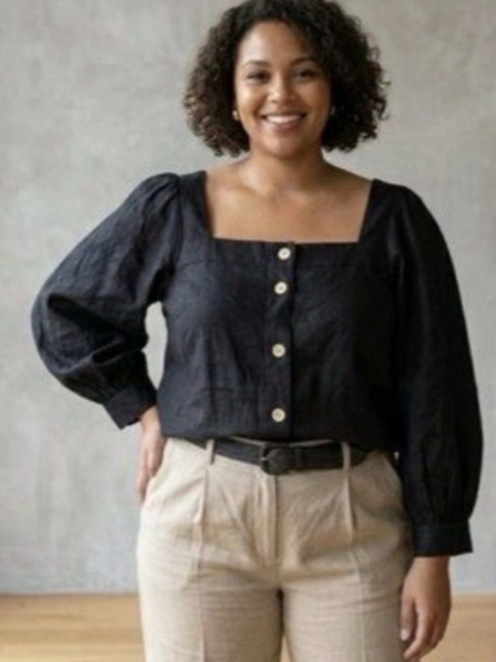 J Crew M Black 100% Linen Puff Balloon Sleeve Square Neck Button Blouse M